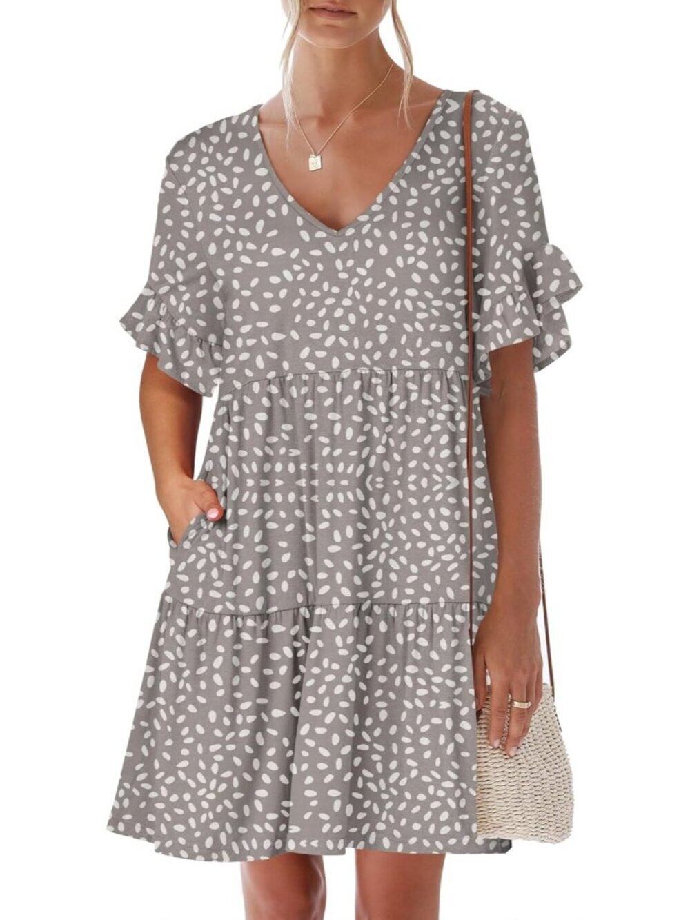 Anrabess Women's Black khaki Neck Ruffle Sleeve A Line Tiered Mini Flowy Dress